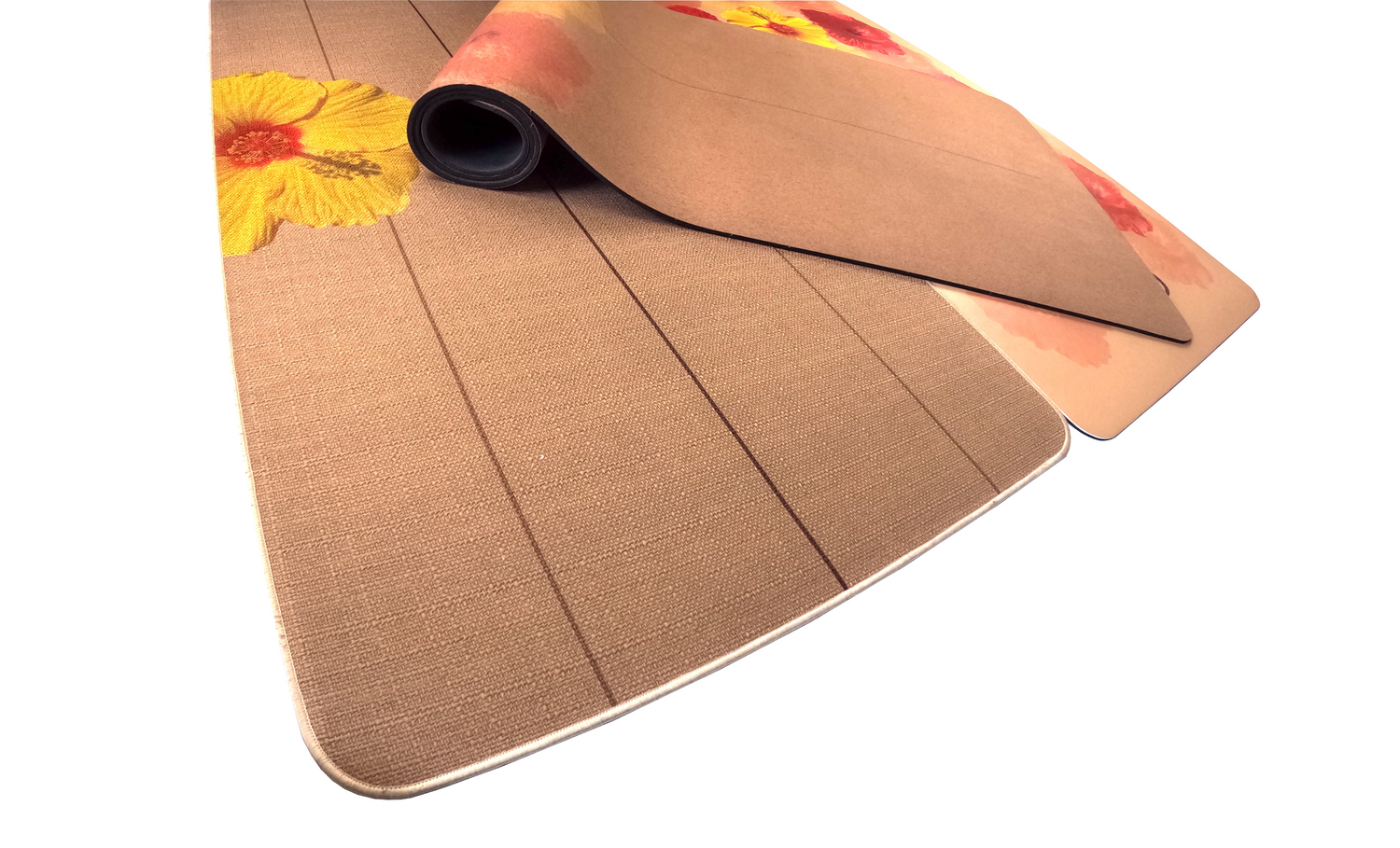 Beautiful and high quality yoga mats made of eco-friendly and sustainable materials like cork, hemp, and recycled natural rubber. Colorful hibiscus flowers design on comfortable yoga mats.