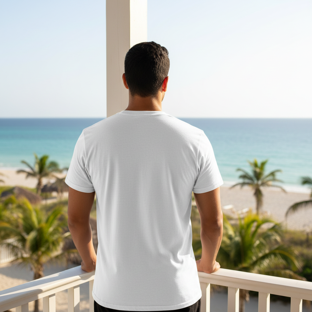 Crk's White T-Shirt • Pilates & Sun logo - Crk. A guy at a beach house