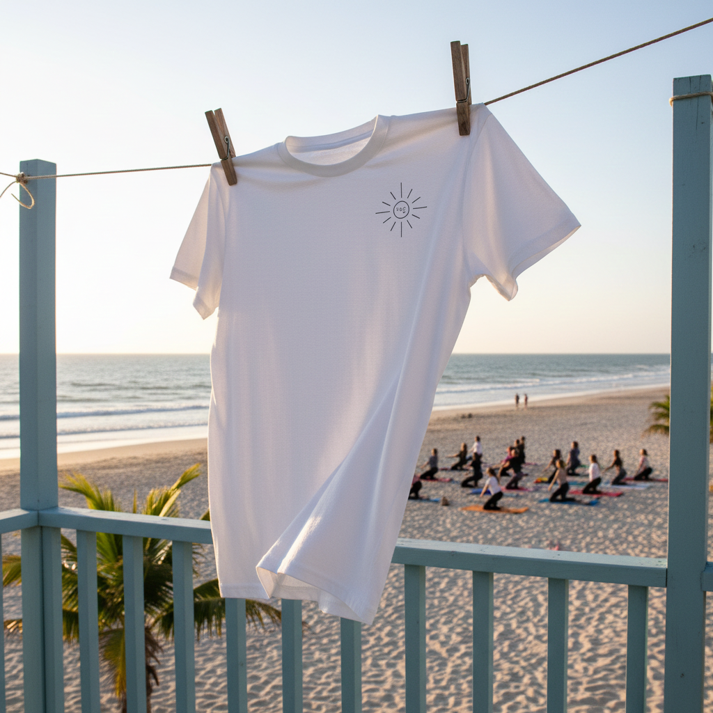Crk's White t-shirt outside on a clothes hangar near the beach