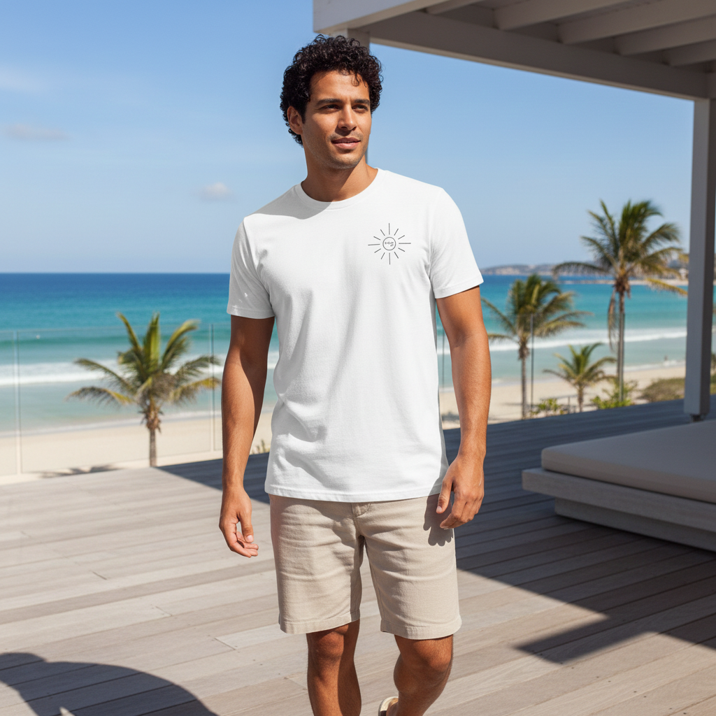 Crk's White T-Shirt • Pilates & Sun logo - Crk. A guy at a beach house