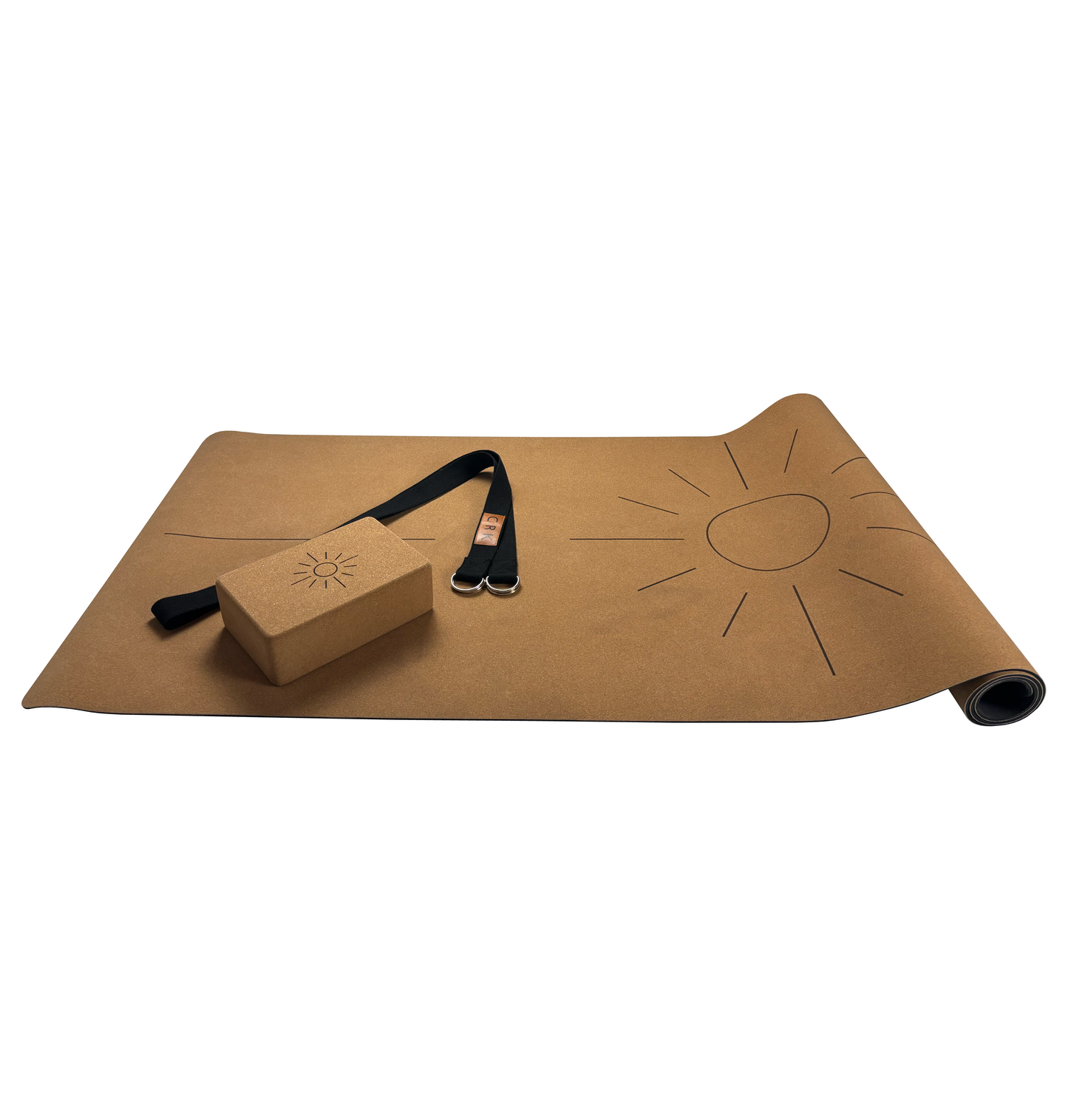 Le tapis de soleil avec sangle noire et blocs de yoga • Kit de yoga