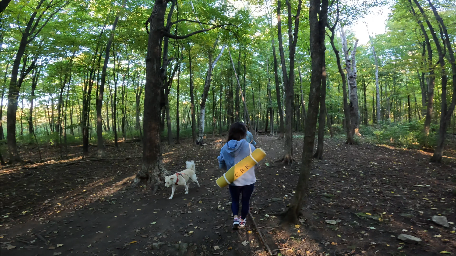 Girl walking through the forest on a dog path with a bright yellow yoga mat strapped to her back with a boho strap and a big white dog